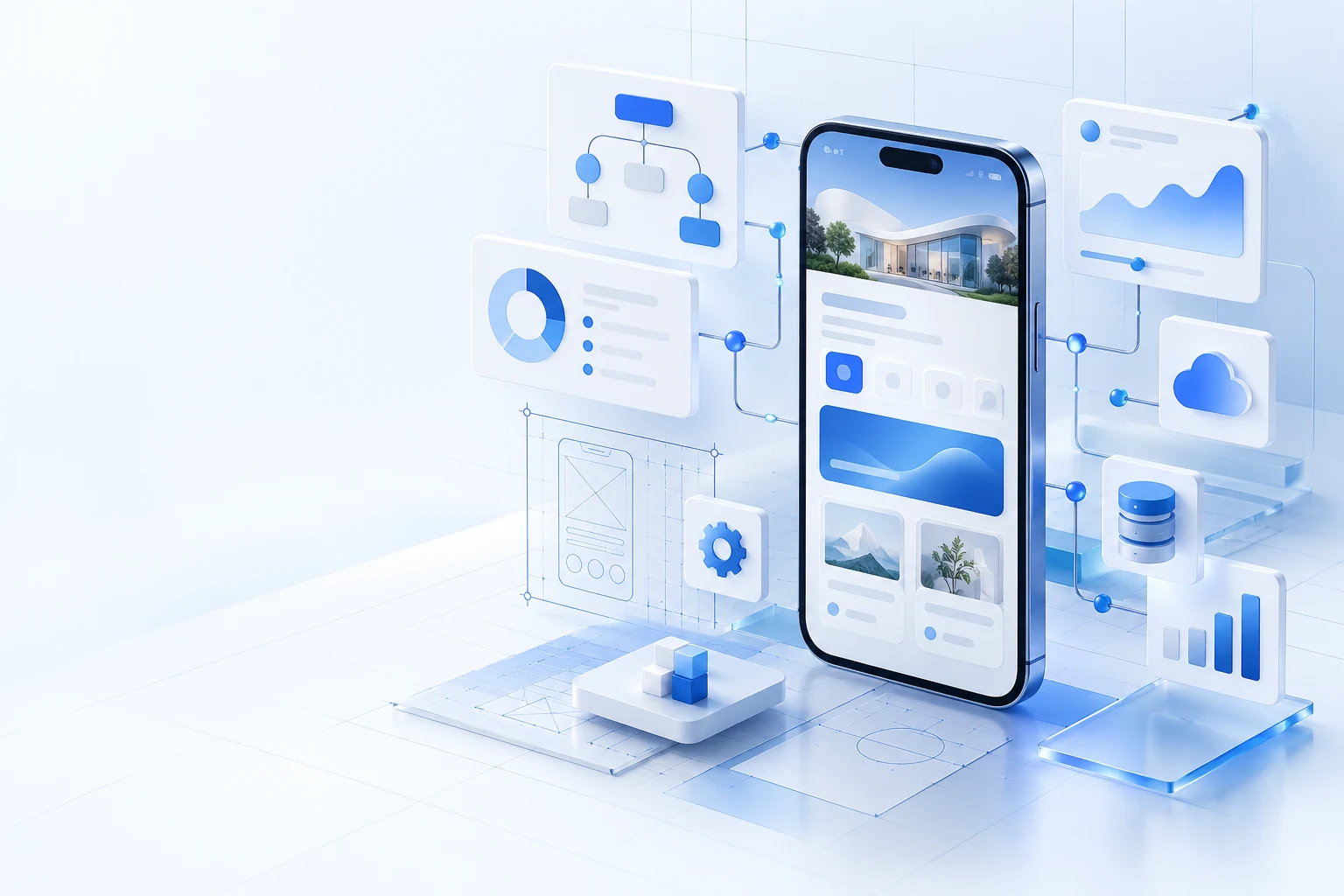 Custom mobile application surrounded by connected workflows, analytics, cloud services, and planning elements