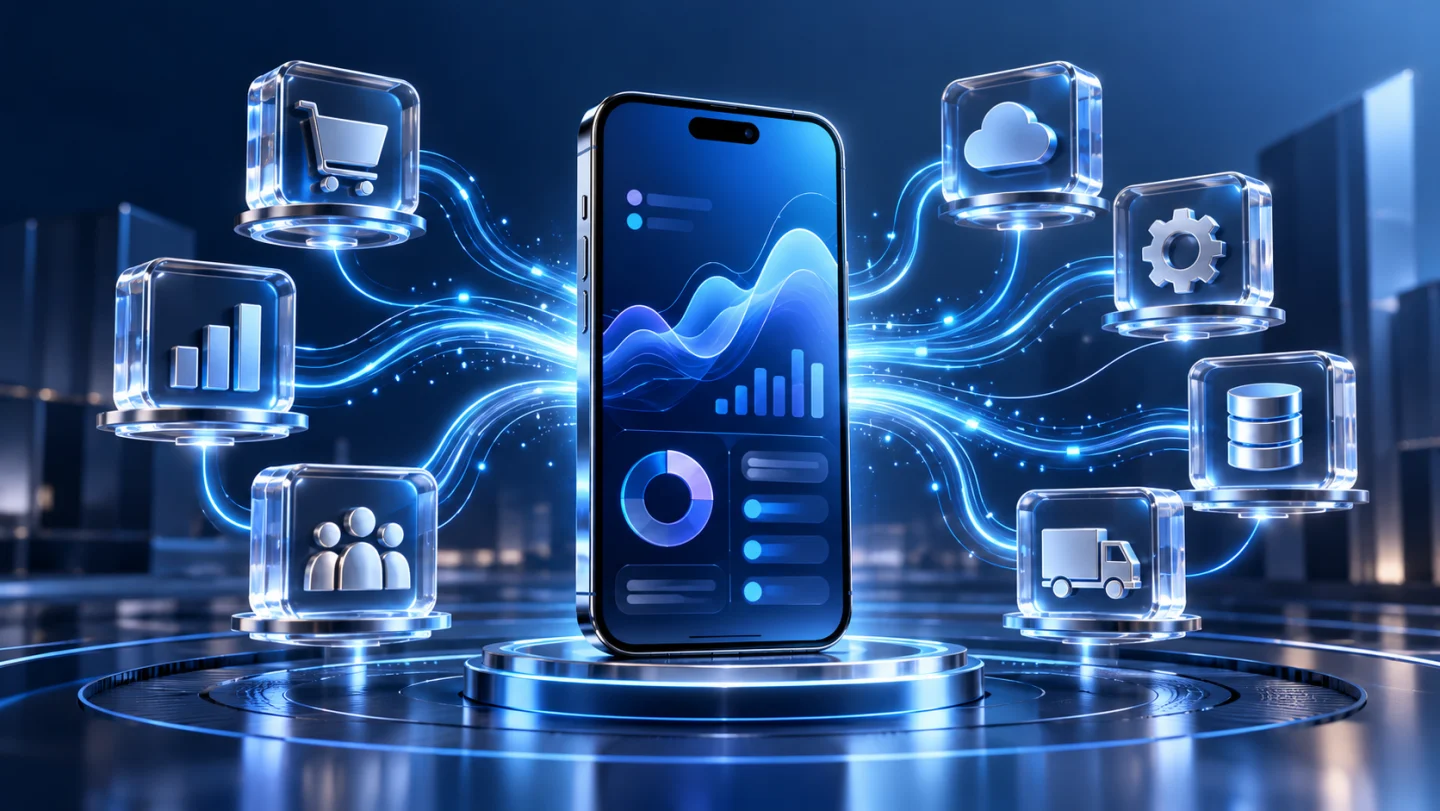 Custom business application connecting dashboards, data, and operations